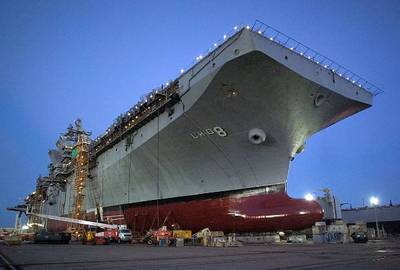 A bow view of the Pre Commissioning Unit (PCU) Makin Island (LHD 8), which is currently under construction in Pascagoula. Makin Island, the Navy’s first amphibious assault ship equipped with an all electric auxiliary systems and a hybrid gas turbine - electric propulsion system, is scheduled for christening August 19, 2006. Photo by Mr. Steve Blount courtesy Northrop Grumman Ship