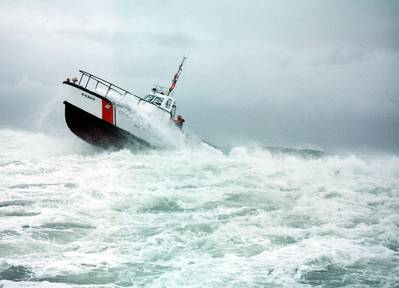 A Coast Guard 44-footer underway in heavy weather. (U.S. Coast Guard photo)