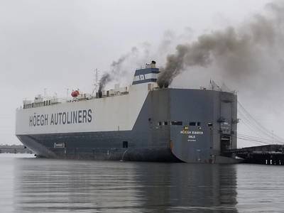A fire broke out on board the 600-foot vehicle carrier Hoegh Xiamen, at Blount Island in Jacksonville, Fla. (U.S. Coast Guard photo by Jessica Maldonado Gonzalez) 