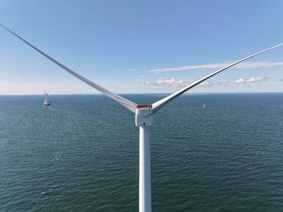 (A GE Haliade-X turbine stands in the Vineyard Wind 1 project area south of Martha’s Vineyard. (Photo: Worldview Films, courtesy Vineyard Offshore)