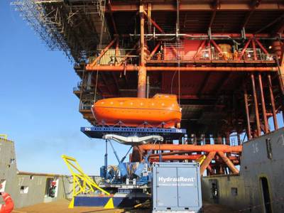 A lifeboat on the Ampelmann system right before installation (Photo courtesy of Ampelmann)