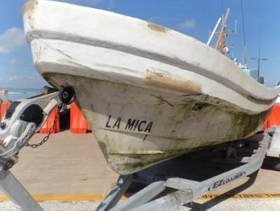 A Mexican lancha sits trailered at Coast Guard Station South Padre Island, Monday, after South Texas Coast Guard crew interdicted the lancha, 30 miles offshore. U.S. Coast Guard photo.