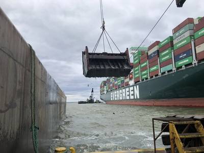A pair of clamshell dredges—Donjon's Oyster Bay and Cashman's Dale Pyatt—are working to dig out the containership Ever Forward, which ran aground in the Chesapeake Bay. (Photo: William Doyle)