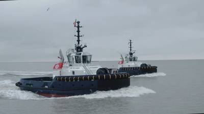 A pair of newbuild Damen tugs, VB Bolero and VB Rumba. arrived over the weekend to their homeport Zeebrugge in Belgium. Photo courtesy: Mike Louagie and Redhead TV for Boluda Towage