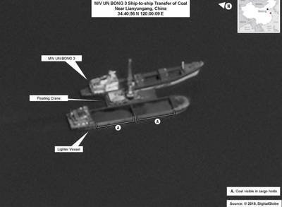 A photo from the annual report to the U.N. Security Council by independent experts monitoring the implementation of U.N. sanctions on North Korea shows a North Korean-flagged vessel conducting a ship-to-ship transfer of coal near the Chinese port of Lianyungang with help from a floating crane in this August 20, 2019 photo provided to the U.N. experts by an unidentified U.N. member state. (Photo: United Nations)