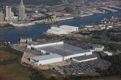 A recent aerial image of most of Austal USA, including the new steel panel line addition. Photo courtesy Austal USA