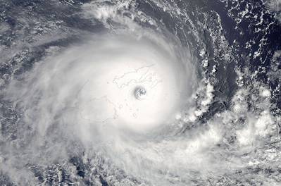A satellite images shows Tropical Cyclone Winston during peak intensity and striking Fiji on February 20, 2016. (Photo: NASA)