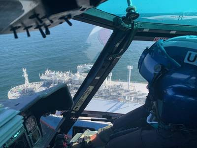 A Sector/Air Station Corpus Christi MH-65 Dolphin helicopter responds to a medevac request near Christi, Texas, November 16, 2020. The mariner was transferred to awaiting emergency medical services personnel at the CHRISTUS Spohn Hospital Corpus Christi-Shoreline and was reported to be in stable condition. (U.S Coast Guard photo)