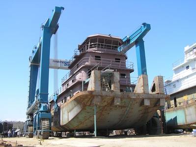 A steel tug built by Horizon Shipbuilding on the 660-ton Travelift at Metal Shark’s newly-acquired Alabama Shipyard (Photo: Metal Shark)