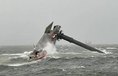 A U.S. Coast Guard Response Boat-Medium boat crew heads toward the capsized lift boat Seacor Power about 8 miles off Port Fourchon, La. on April 13, 2021. (U.S. Coast Guard photo courtesy of Coast Guard Cutter Glenn Harris)