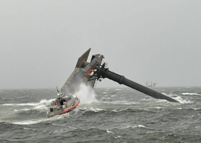 A U.S. Coast Guard Response Boat-Medium boat crew heads toward the capsized lift boat Seacor Power about 8 miles off Port Fourchon, La. on April 13, 2021. (U.S. Coast Guard photo courtesy of Coast Guard Cutter Glenn Harris)