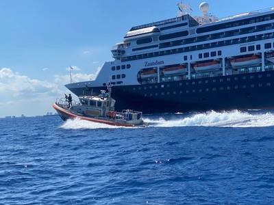  A U.S. Coast Guard Station Ft. Lauderdale boat crew escorts the cruise ship Zaandam to Port Everglades April 2, 2020. (U.S. Coast Guard photo)