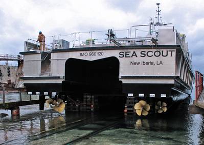 A view of the stern of the R/V Sea Scout and its four propellers during the build process. Photo courtesy All American Marine.