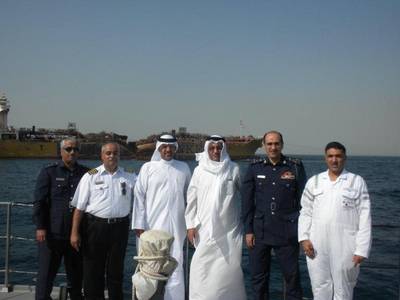 (L to R) Capt. Abdulhusain Abdulla, Head of Maritime Safety & Environment Protection, GOP; Brigadier Ala a Syadi, Commander of Bahrain Coast Guard; Hassan Al Majed , Director General, GOP; Dr Adel Al Zayani                     Director General, Environment ; Capt. Hesham A.Rahman, Head of Technical Affairs, GOP; and Colonel Yusif Al Subai, Bahrain Coast Guard.