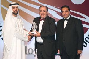 ABS Regional Vice President, Middle Eastern Region, ABS Europe Division, Joseph Brincat (center) accepts the Lloyd’s List Middle East & Indian Subcontinent Award for the Best Classification Society from Hamed Bin Lahej, Regional CEO Middle East/Africa, Drydocks World, Dubai during the awards ceremony held in Dubai. At right is Reg Athwal, founder of the RAW Group of Companies and the master of ceremonies for the event. (Photo courtesy ABS)