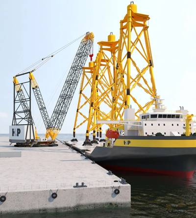 According to HLP, by combining a flat deck carrier to load multiple jackets with HLP’s new ring crane concept, offshore wind project developers could cut deployment costs by 60% - Credit: HLP