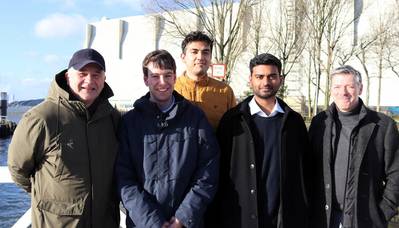 The Alewijnse power conversion team, from left to right: Zoran Malbasic, system engineer; Matthijs Mosselaar, engineer; Akhil Ajith, engineer; Samit Goud, engineer and Mischa Habermehl, hybrid solution manager. Credit: Alewijnse