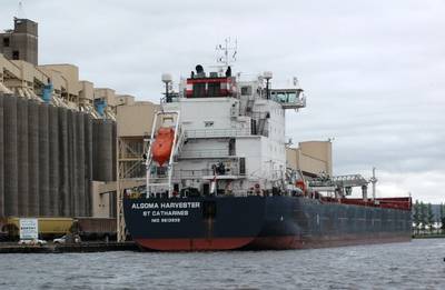 Algoma Harvester loading 30,007.542 metric tons of wheat at Riverland Ag/Duluth Storage on July 7, 2016 – a Twin Ports record for the largest load of grain. (Photo: Capt. Tom Mackay, Duluth)