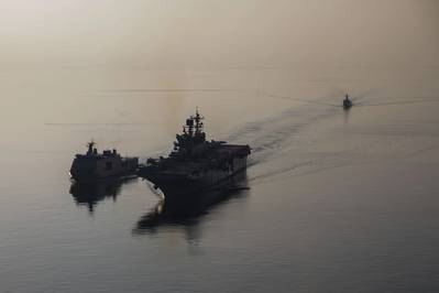 Amphibious assault ship USS Makin Island (LHD 8), right, transits with Philippine navy ships BRP Tarlac (FF 601), left, and BRP Jose Rizal (FF 150) during a replenishment-at-sea rehearsal for Balikatan 23, April 15, 2023 in the Philippines territorial waters. (Photo: Kendra Helmbrecht / U.S. Navy)