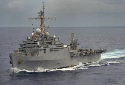 Amphibious transport dock ship USS Denver (LPD 9) operates in the Philippine Sea in 2012. (U.S. Navy photo by Mass Communication Specialist Seaman Lacordrick Wilson/Released)