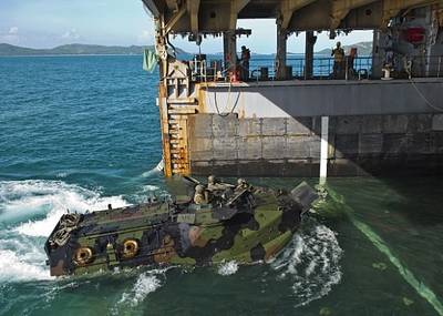 Amphibious Vehicle enters dock-ship USS Tortuga: Photo credit USN