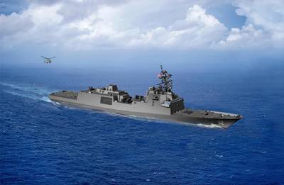 An artist rendering of the guided-missile frigate FFG(X). The new small surface combatant will have multi-mission capability to conduct air warfare, anti-submarine warfare, surface warfare, electronic warfare and information operations. (U.S. Navy graphic)