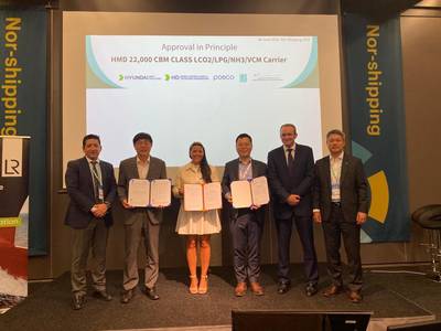 Andy McKeran, Sung-Gu Park and Panos Mitrou from LR present the Design Approval certificate at Nor Shipping 2023 (Photo: LR)
