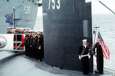 Los Angeles-class fast attack submarine USS Albany (SSN 573) is commissioned at Naval Station Norfolk (Official USN photo by Michael D.P. Flynn, courtesy of Newport News Shipbuilding, from the Department of Defense Still Media Collection)