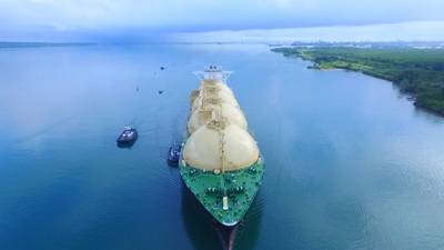 On April 28, the Panama Canal received the inaugural transit of the Neopanamax LNG Sakura en route from the U.S. to Japan. (Photo: Panama Canal Authority)