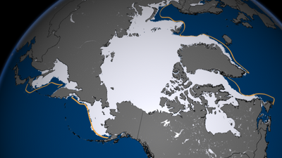 Arctic Ice-melt boundaries. The orange line indicates the median extent for the period 1979-2000. Photo: NOAA