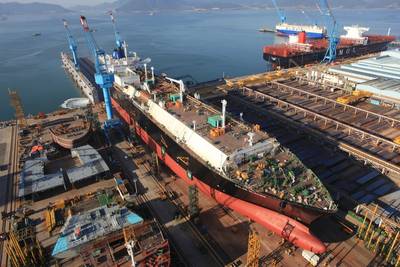 Arial view of launching LNG Carrier built on-ground