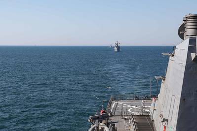 The Arleigh Burke-class guided-missile destroyer USS Ross (DDG 71) moves in formation with ships participating in Exercise Sea Breeze cohosted by U.S. Sixth Fleet and the Ukrainian Navy in the Black Sea, July 9, 2021. (Photo: Claire DuBois / U.S. Navy)