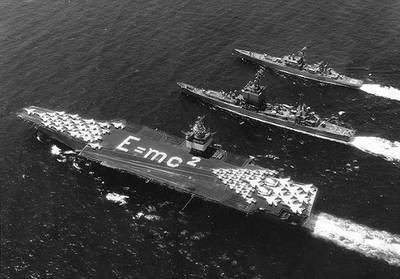 Nuclear-powered warships Enterprise, Long Beach and Bainbridge steam in formation, 1964. (Official U.S. Navy Photograph, from the Collections of the Naval History and Heritage Command.)