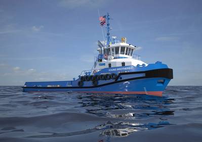 Artist rendering of Damen Stan 3011 tugs to be built by Conrad Shipyard for Young Brothers, Limited. (Image: Conrad)