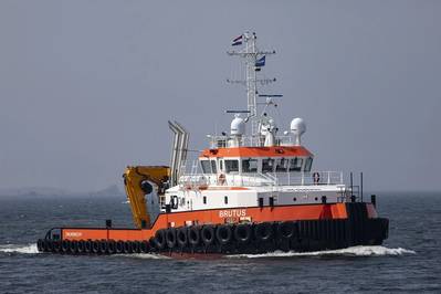 At Damen Shipyards Hardinxveld, a new model in the Damen Shoalbuster range -- the ultra-shallow Shoalbuster 3514 SD -- was christened Brutus by Mrs Mandy Heere-van Eijk, on behalf of tug and workboat company, Herman Sr. Photo courtesy Damen