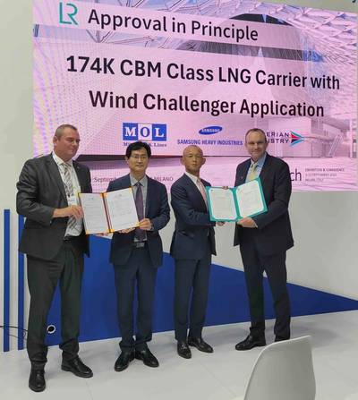 The attached picture shows (left to right) Thomas Klenum, Executive Vice President, Liberian Registry; Haeki Jang, Executive Vice President, Samsung Heavy Industries; Hisashi Umemura, Senior Managing Executive Officer, MOL; Andy McKeran, Chief Growth Officer, Lloyd’s Register. © Lloyd’s Register