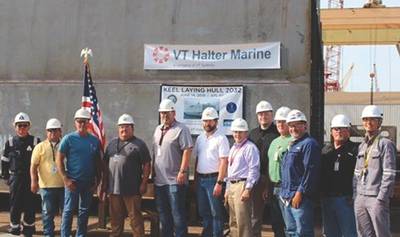 Attending the keel laying ceremony are representatives from the American Bureau of Shipping, SupShips Gulf Coast and VT Halter Marine. 

