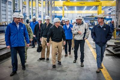 Austal USA welcomed U.S. Navy Chief of Naval Operations (CNO) Admiral Michael Gilday at the company’s Mobile, Ala. shipyard. Image courtesy Ausal USA
