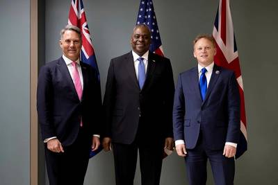 Australian Deputy Prime Minister and Minister for Defence, Richard Marles, United States Secretary of Defence, the Hon Lloyd J. Austin III, and United Kingdom Secretary of State for Defence, Grant Shapps.