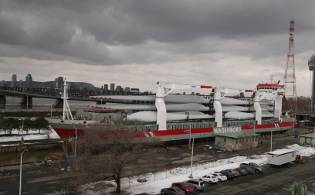 The Avonborg, a BBC chartered vessel, carries wind turbine components loaded in Denmark and destined from Burns Harbor in Indiana This ship was the last oceangoing vessel out of the st lawrence seaway system in 2010 making it the perfect candidate to be the first in the system in 2011. Photo courtesy American Great Lakes Ports Association.