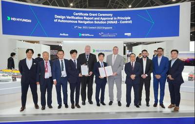 Awarding ceremony at HD Hyundai's booth at Gastech (left to right): Seonghyeon Yoo (DNV), Hwa Lyong Lee (DNV), Dong Jin Lee (HD Hyundai), Dohyeong Lim (CEO of Avikus), Vidar Dolonen (DNV Regional Manager), Seung Ho Jeon (SEVP, HD Hyundai), Thomas Klenum (EVP of LISCR), Jung Sik Kim (LISCR), Mathieu Kissin (LISCR), Ramendra Kumar (LISCR), Jinmo Park (Avikus)
