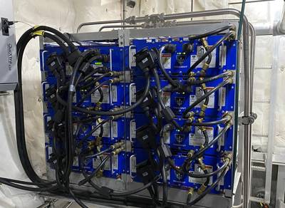 A battery rack inside Maid of the Mist’s fully electric tour vessel James V. Glynn. The lithium-ion battery packs were supplied by Spear Power Systems. (Photo: Eric Haun)