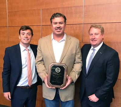 Ben Bordelon, Bollinger President and CEO, accepting the SCA award from Davis Gaddy, SCA Government Relations Coordinator (left) and Matthew Paxton, SCA President (right). (Photo: Bollinger Shipyards)