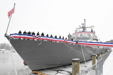 Blue crew of the freedom variant littoral combat ship USS Little Rock (LCS 9) man the rails during the ship's commissioning ceremony Dec. 16, 2017 in Buffalo, N.Y. (U.S. Navy photo courtesy of Lockheed Martin)