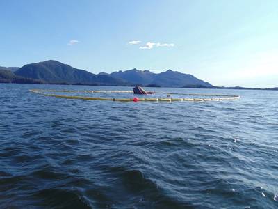 Boom surrounds the sunken vessel Pacific Venture near The Twins, Sitka, Alaska (U.S. Coast Guard photo by Lewis Beck)