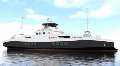 Boreal’s new car and passenger ferry will sail on fully electric battery power from January 2020 (Image: Mult-Marine)