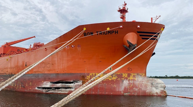 Bow Triumph at the Odfjell Terminal in Charleston on Sept. 8, 2022, showing damage to the vessel’s starboard side. (Source: U.S. Coast Guard)