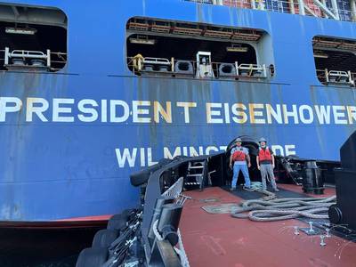 Brusco crewmembers Jason Diaz and Justin Donick with the M/V President Eisenhower in August 2021 (Photo: Port of Hueneme)