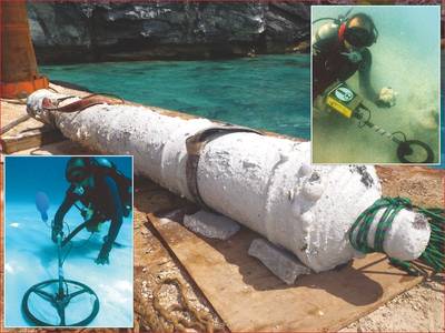 Cannon recovered from the Warwick, Bottom inset – diver searches wreck site with the Pulse 8X’s deep seeking 16 inch coil, Top inset – James Davidson with Pulse 8X and recovered cannon ball.
