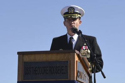 Capt. Brett Crozier addresses the crew for the first time as commanding officer of the aircraft carrier USS Theodore Roosevelt (CVN 71) during a change of command ceremony in November 2019. (U.S. Navy photo by Sean Lynch)
